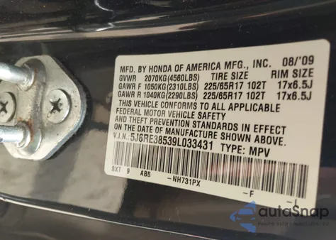 2009 Honda Cr-V Ex z USA, uszkodzony, nr VIN 5J6RE38539L033431